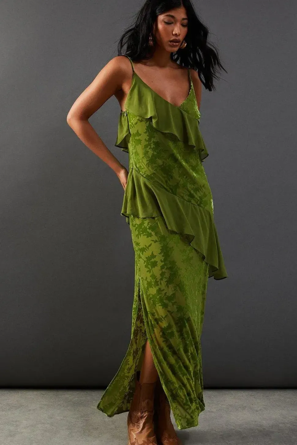 Premium Velvet Chiffon Mix Frill Strappy Midaxi Dress