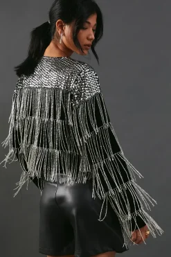 Premium Velvet Hand Embellished Sequin Fringe Jacket