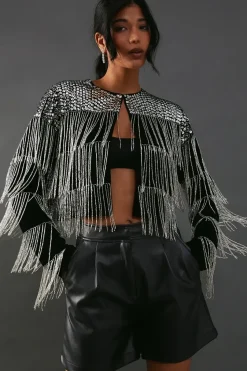 Premium Velvet Hand Embellished Sequin Fringe Jacket