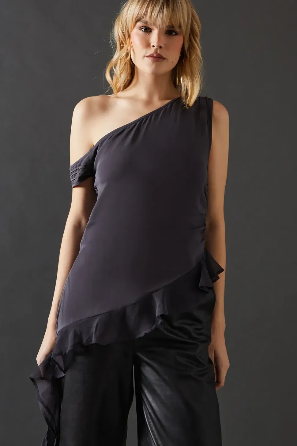 Premium Viscose Chiffon Cowl Neck Asymmetric Ruffle Cami Top