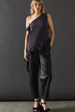 Premium Viscose Chiffon Cowl Neck Asymmetric Ruffle Cami Top