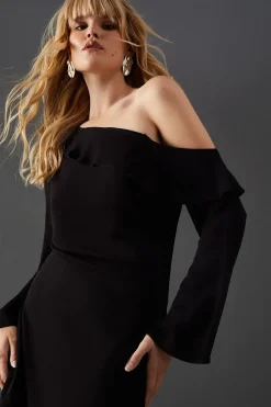 Premium Viscose Fallen Shoulder Chiffon Hem Midi Dress