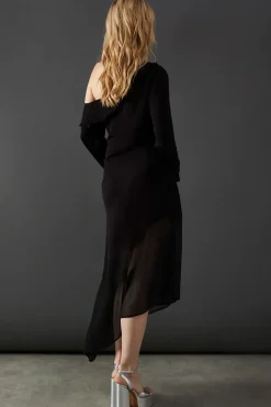 Premium Viscose Fallen Shoulder Chiffon Hem Midi Dress
