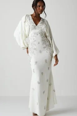 Premium V Neck Blouson Sleeve Embellished Wedding Dress