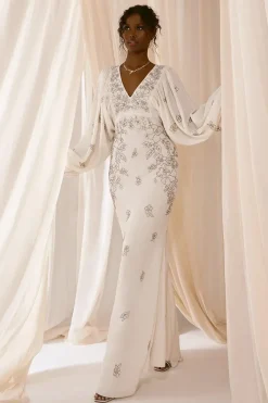 Premium V Neck Blouson Sleeve Embellished Wedding Dress