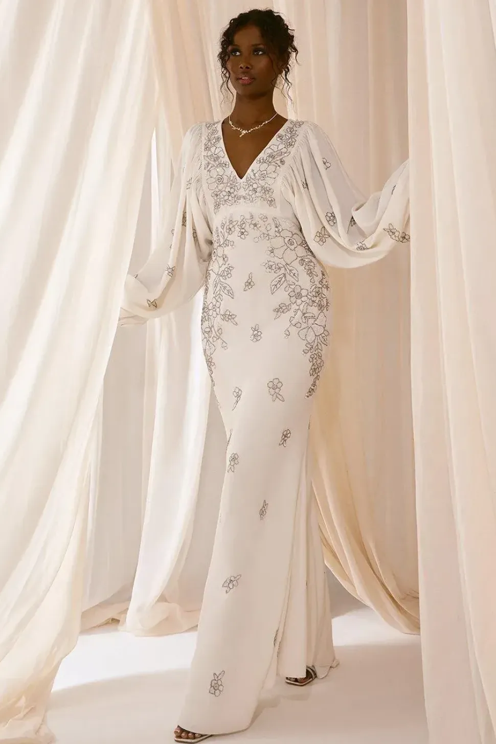 Premium V Neck Blouson Sleeve Embellished Wedding Dress