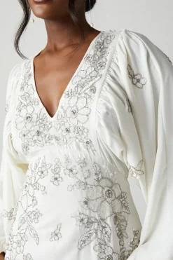 Premium V Neck Blouson Sleeve Embellished Wedding Dress