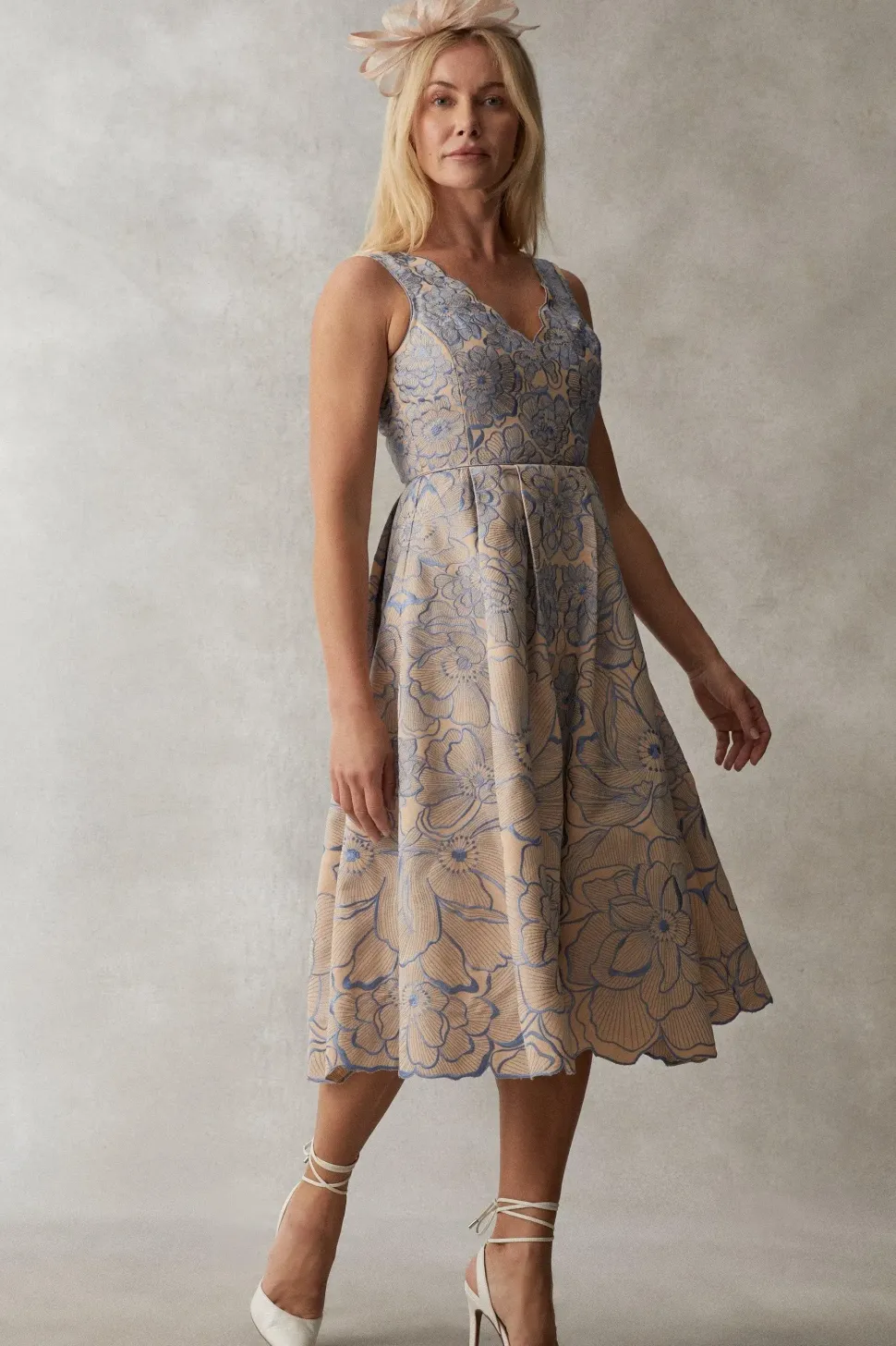 Premium V Neck Embroidered Ottoman Midi Dress