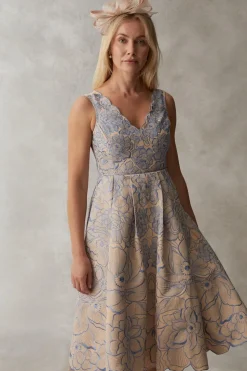 Premium V Neck Embroidered Ottoman Midi Dress