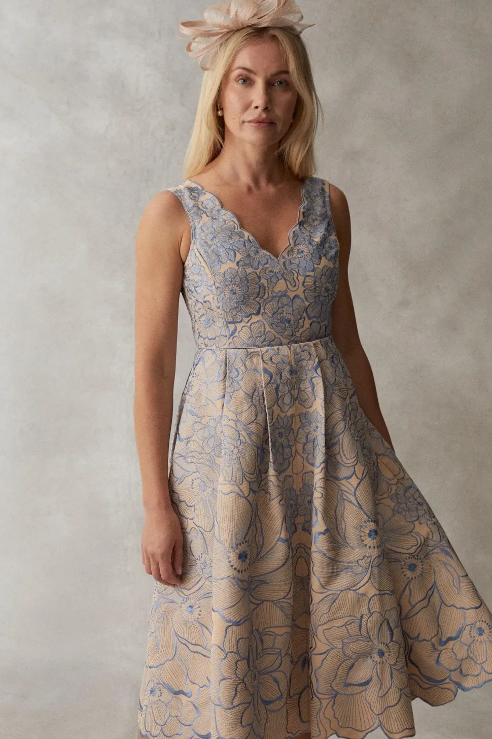 Premium V Neck Embroidered Ottoman Midi Dress