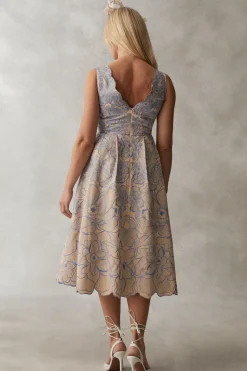 Premium V Neck Embroidered Ottoman Midi Dress