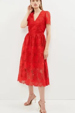Premium V Neck Midi Dress In Lace