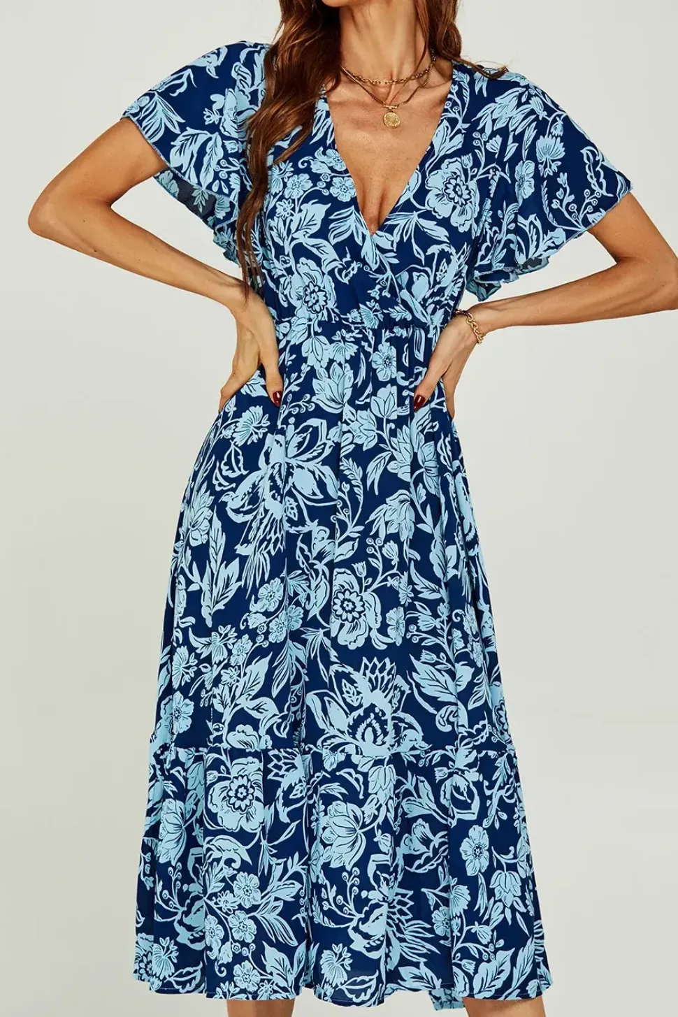 Pretty Floral Print Wrap Midi Dress In Blue