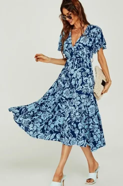 Pretty Floral Print Wrap Midi Dress In Blue