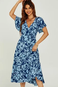 Pretty Floral Print Wrap Midi Dress In Blue