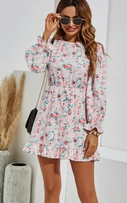 Pretty Pink Red Floral Green Leaf Print Puff Sleeve Mini Dress In White
