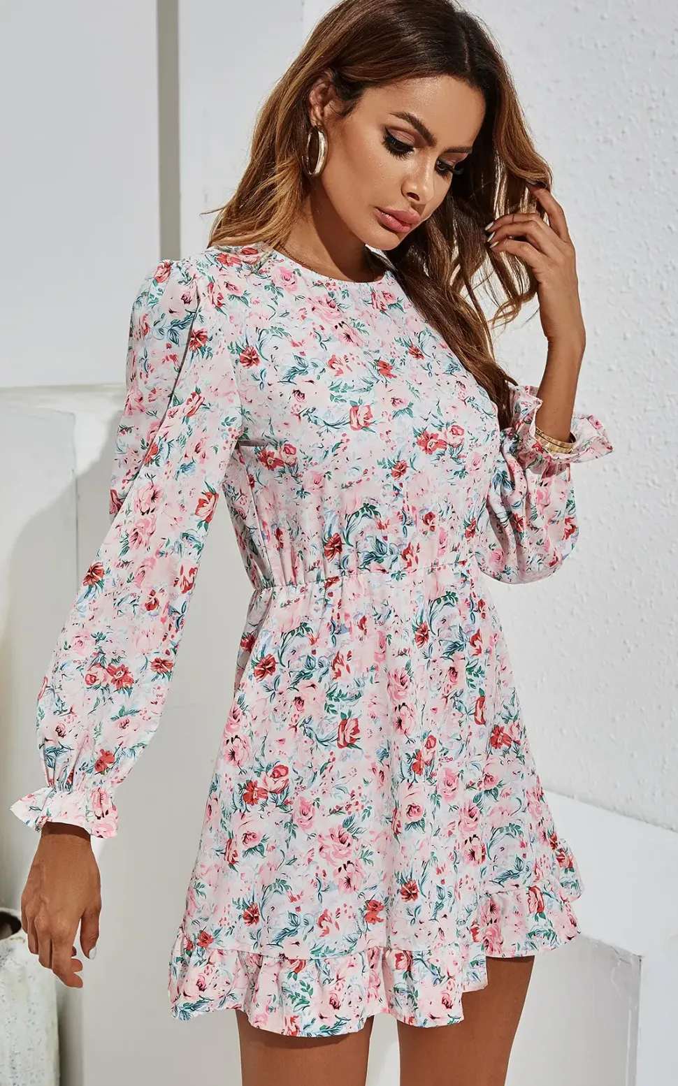 Pretty Pink Red Floral Green Leaf Print Puff Sleeve Mini Dress In White
