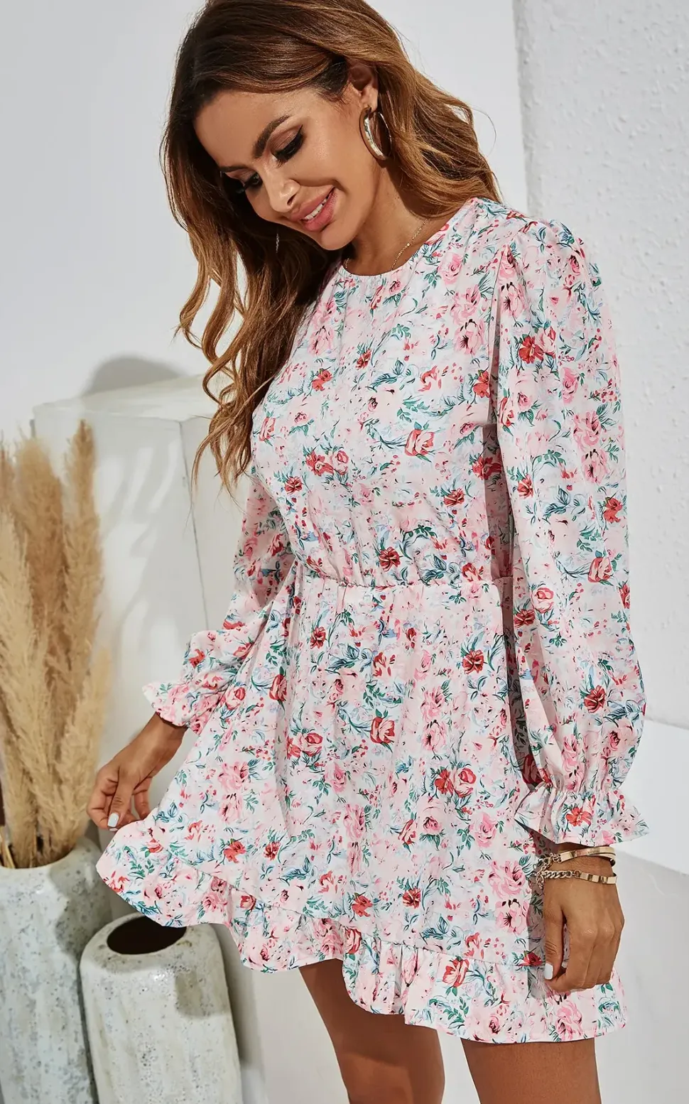 Pretty Pink Red Floral Green Leaf Print Puff Sleeve Mini Dress In White