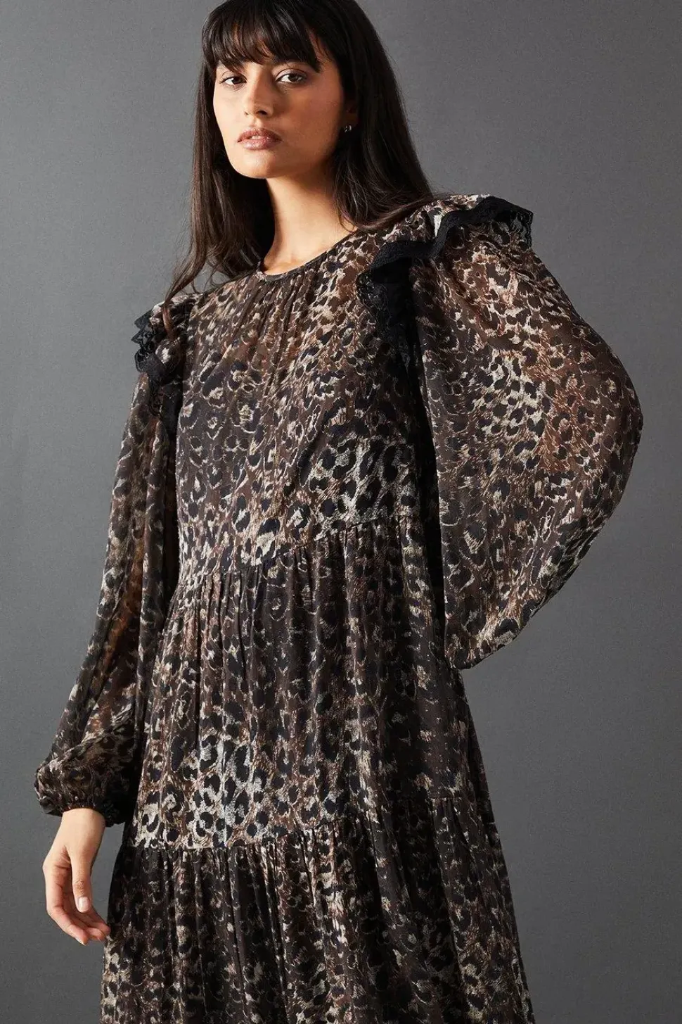 Print Burnout Jacquard Lace Insert Tier Smock Midi Dress