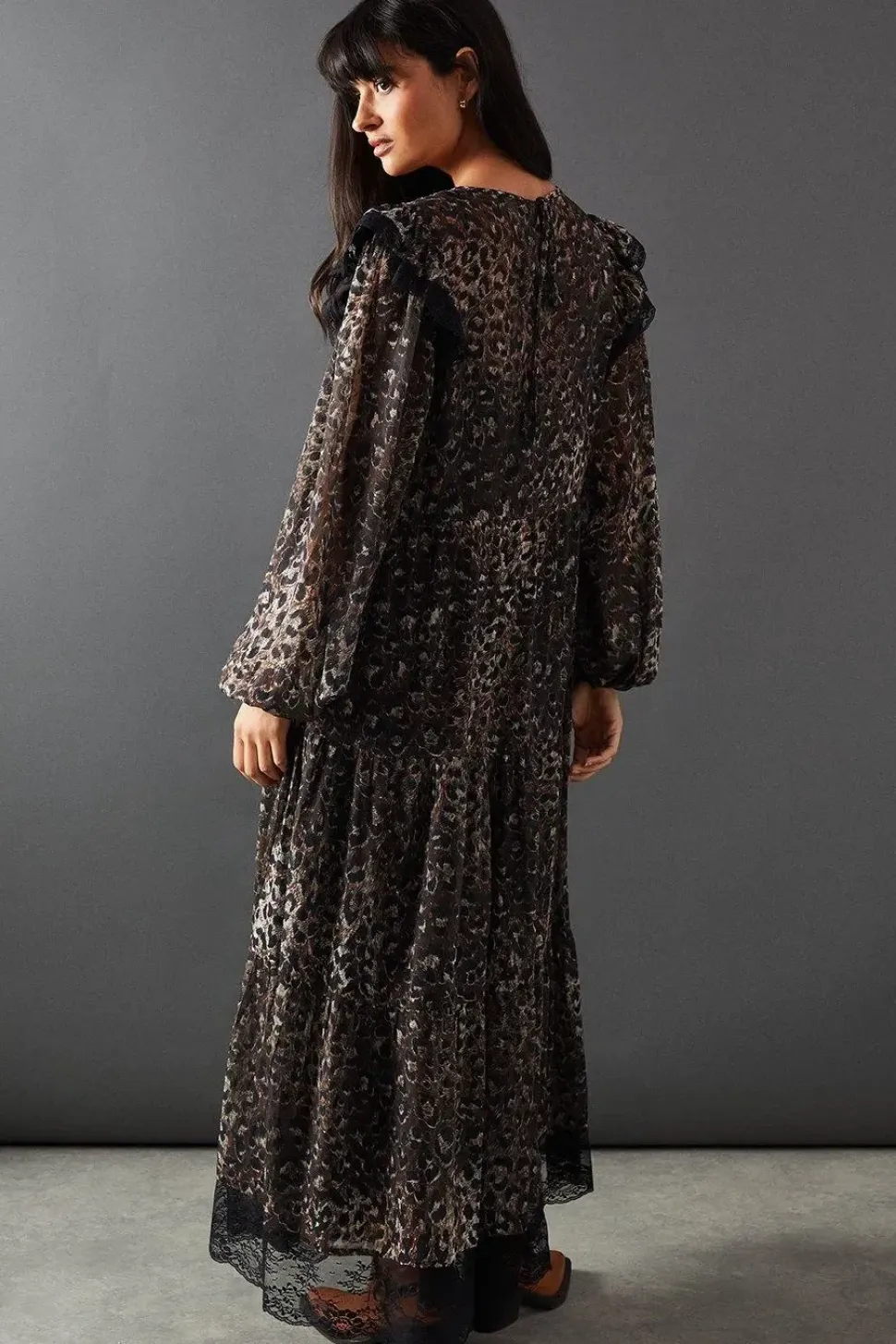 Print Burnout Jacquard Lace Insert Tier Smock Midi Dress