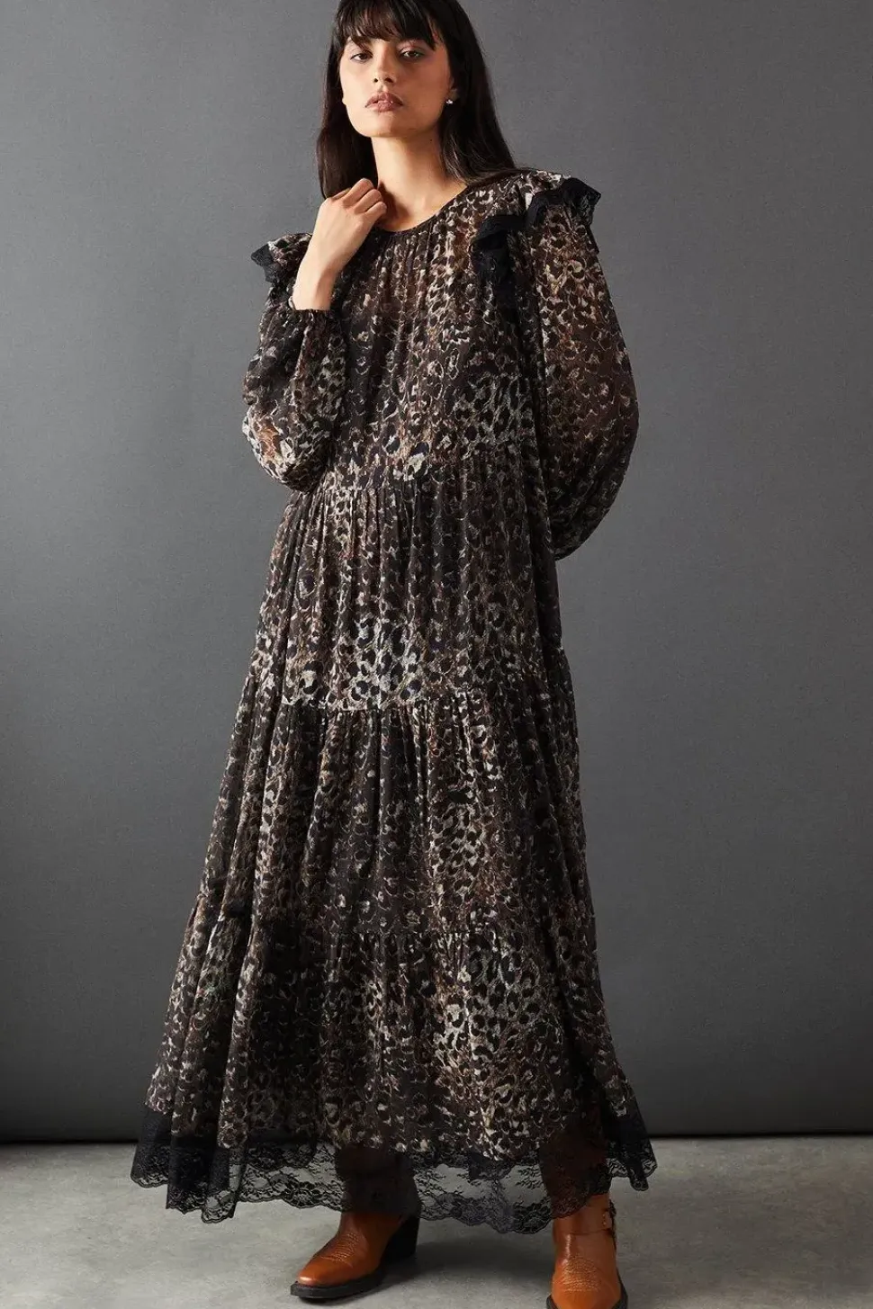 Print Burnout Jacquard Lace Insert Tier Smock Midi Dress