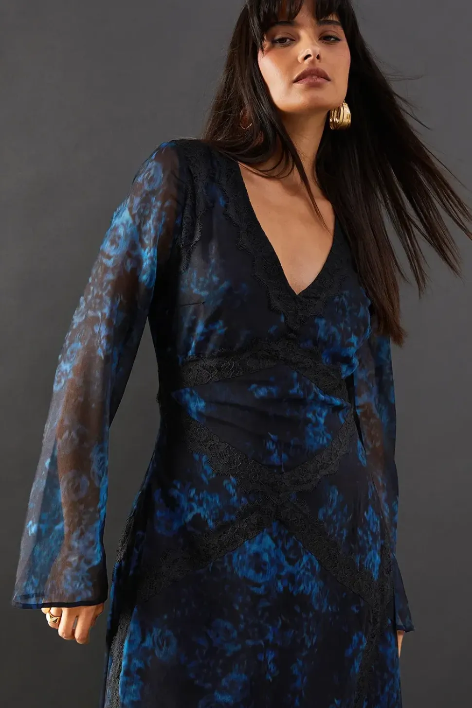 Print Chiffon Lace Insert Midi Dress
