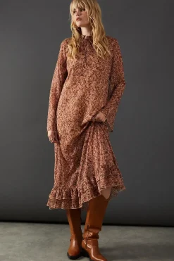 Print Chiffon Ruffle Tie Neck Midi Dress