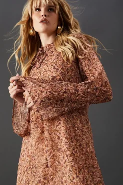 Print Chiffon Ruffle Tie Neck Midi Dress