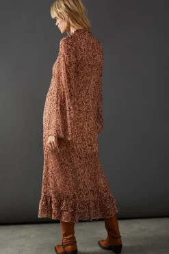 Print Chiffon Ruffle Tie Neck Midi Dress