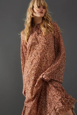 Print Chiffon Ruffle Tie Neck Midi Dress