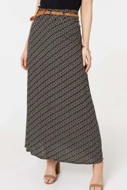 Printed A-Line Belt Maxi Skirt