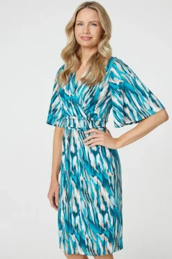 Printed 1/2 Angel Sleeve Faux Wrap Dress