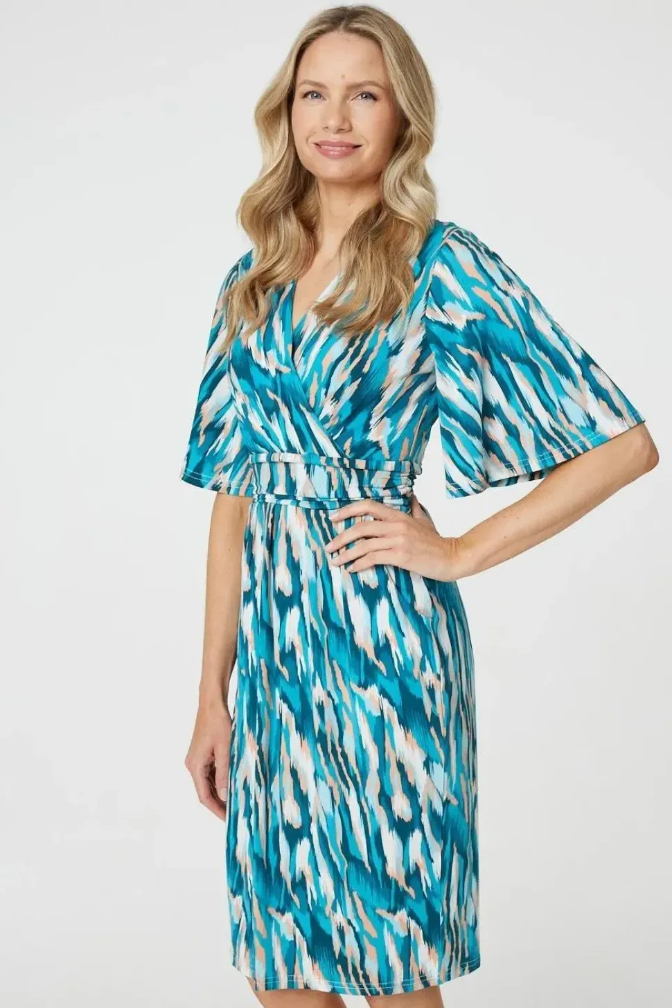 Printed 1/2 Angel Sleeve Faux Wrap Dress
