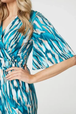Printed 1/2 Angel Sleeve Faux Wrap Dress