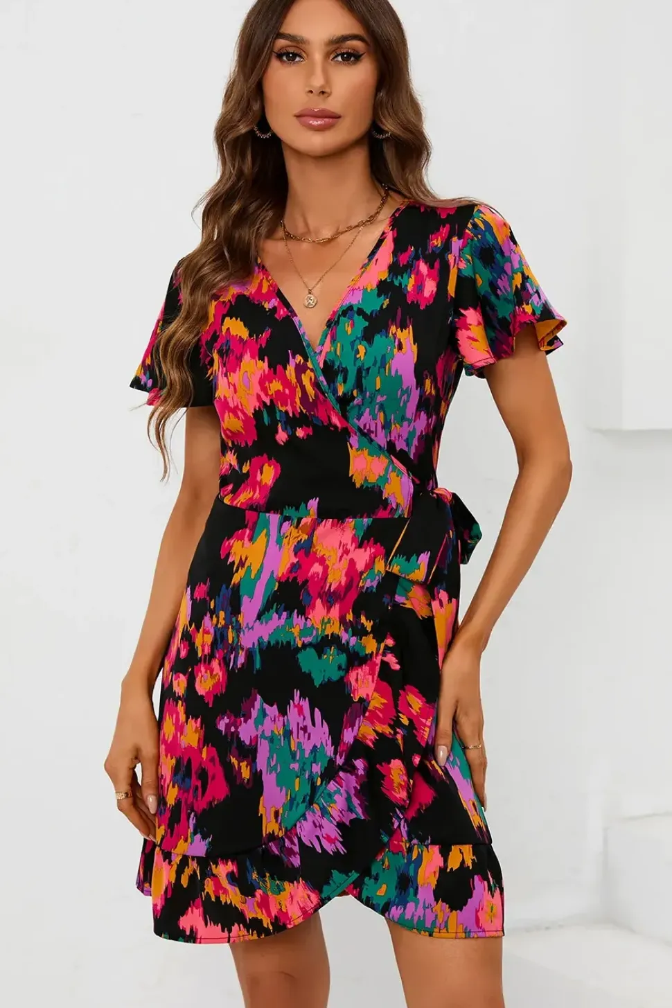 Printed Angel Sleeve Mini Wrap Dress