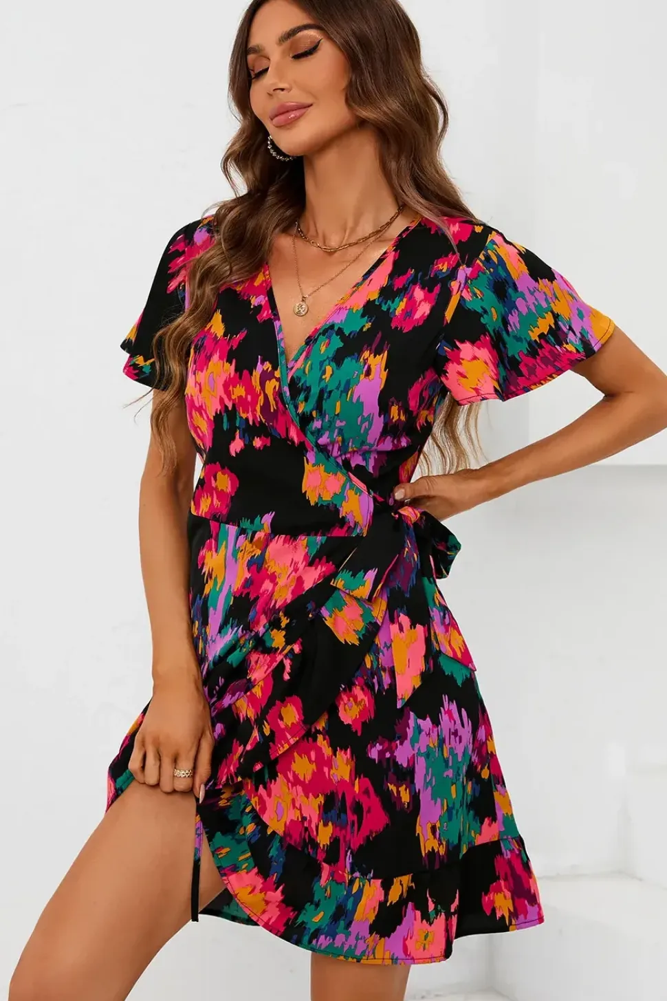 Printed Angel Sleeve Mini Wrap Dress