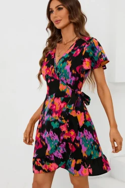 Printed Angel Sleeve Mini Wrap Dress