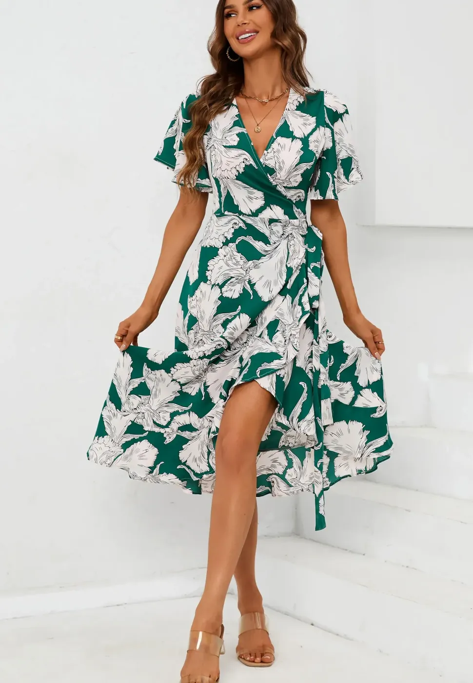 Printed Angel Sleeve Wrap Dress