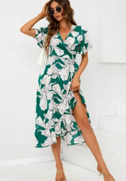 Printed Angel Sleeve Wrap Dress