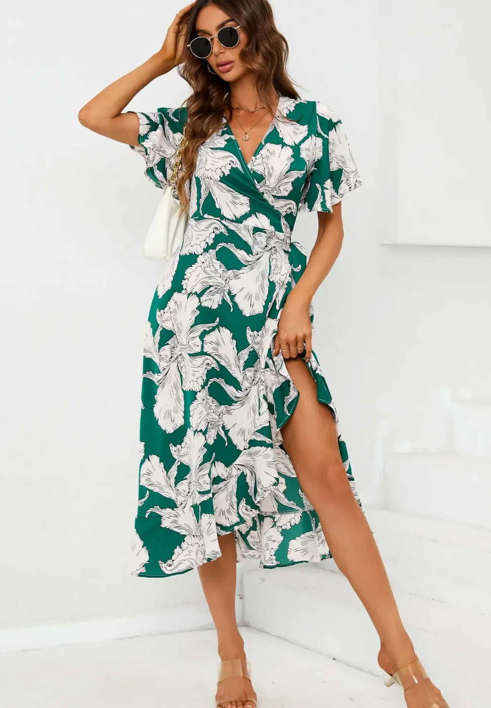 Printed Angel Sleeve Wrap Dress