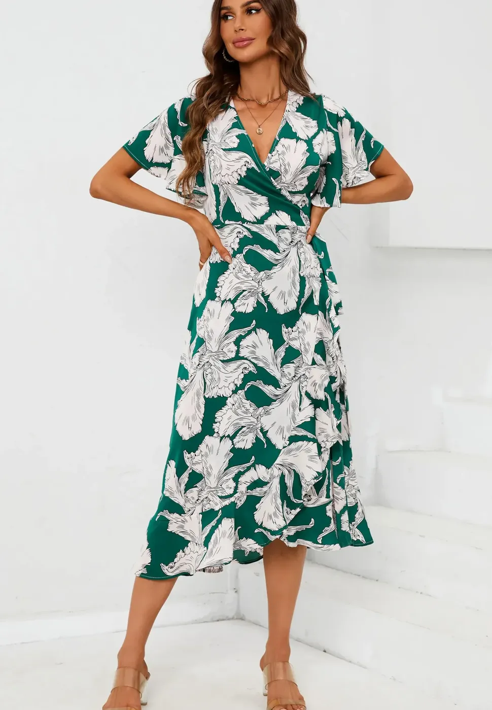 Printed Angel Sleeve Wrap Dress