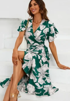 Printed Angel Sleeve Wrap Dress