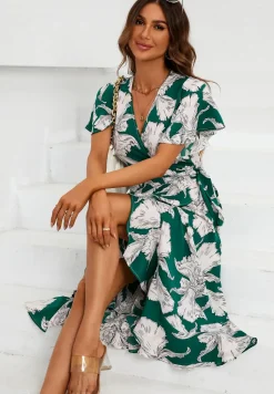 Printed Angel Sleeve Wrap Dress