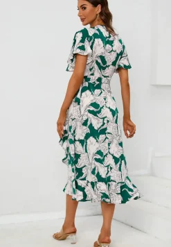Printed Angel Sleeve Wrap Dress