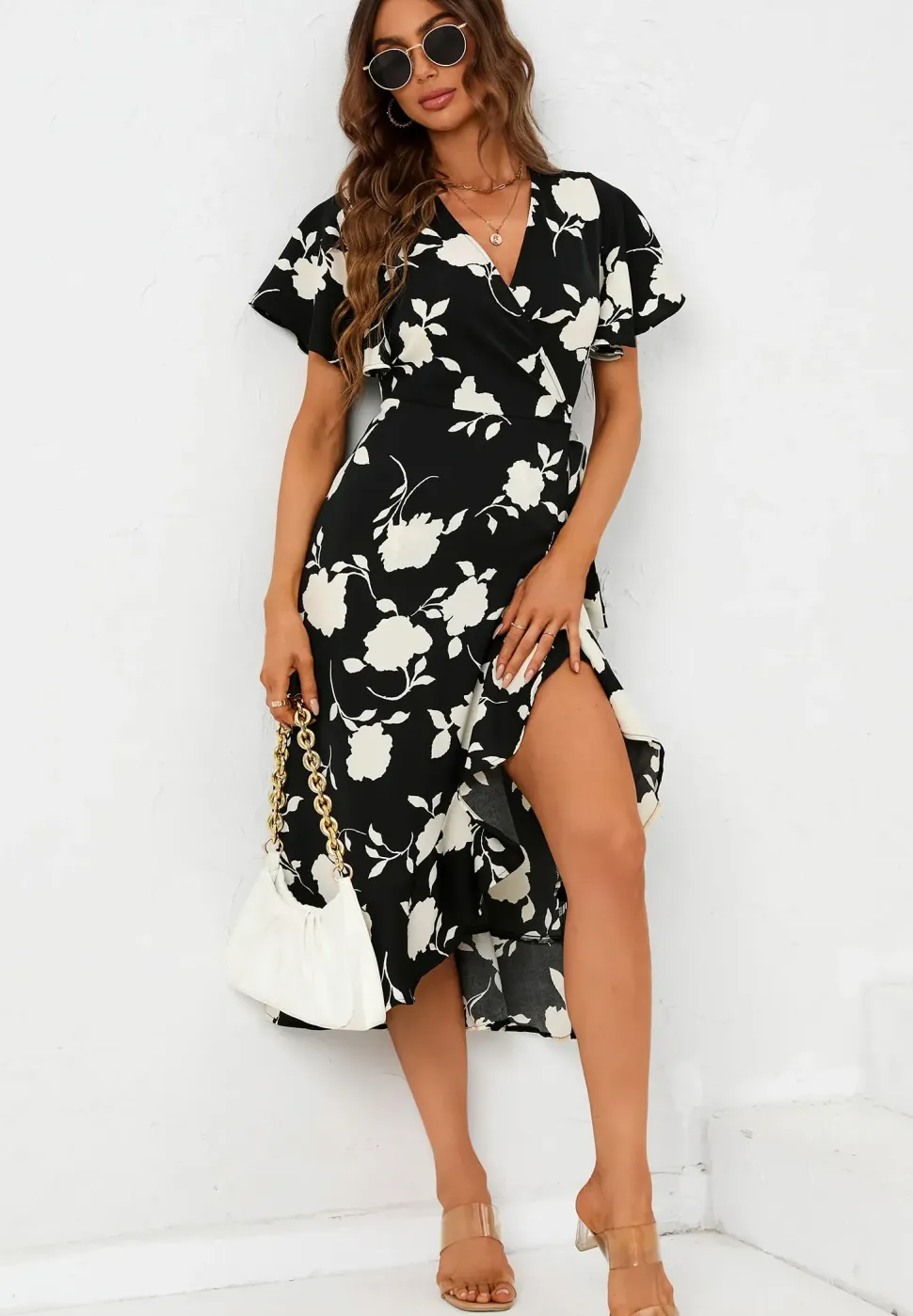 Printed Angel Sleeve Wrap Dress