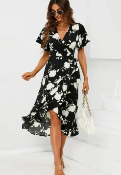 Printed Angel Sleeve Wrap Dress