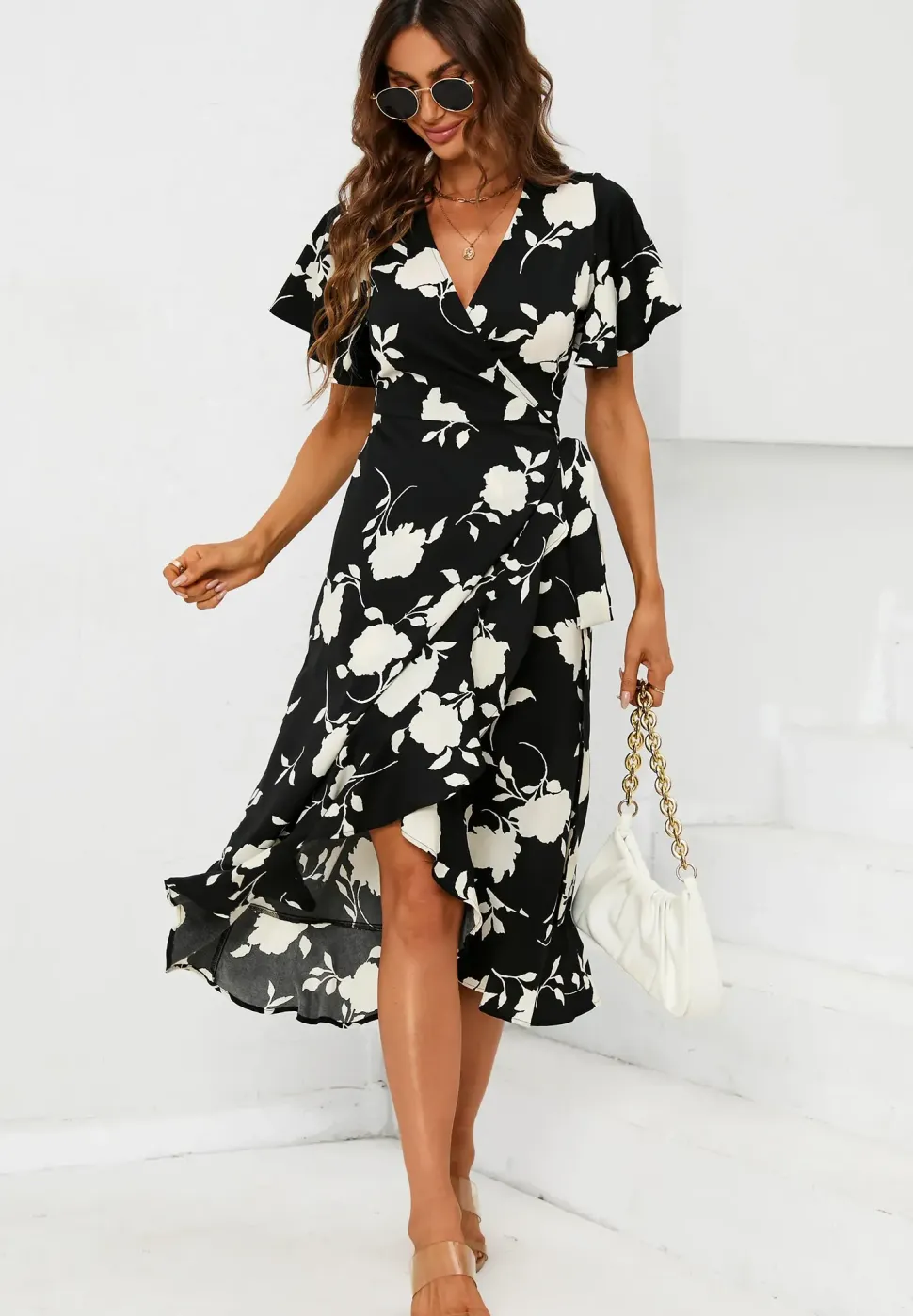 Printed Angel Sleeve Wrap Dress