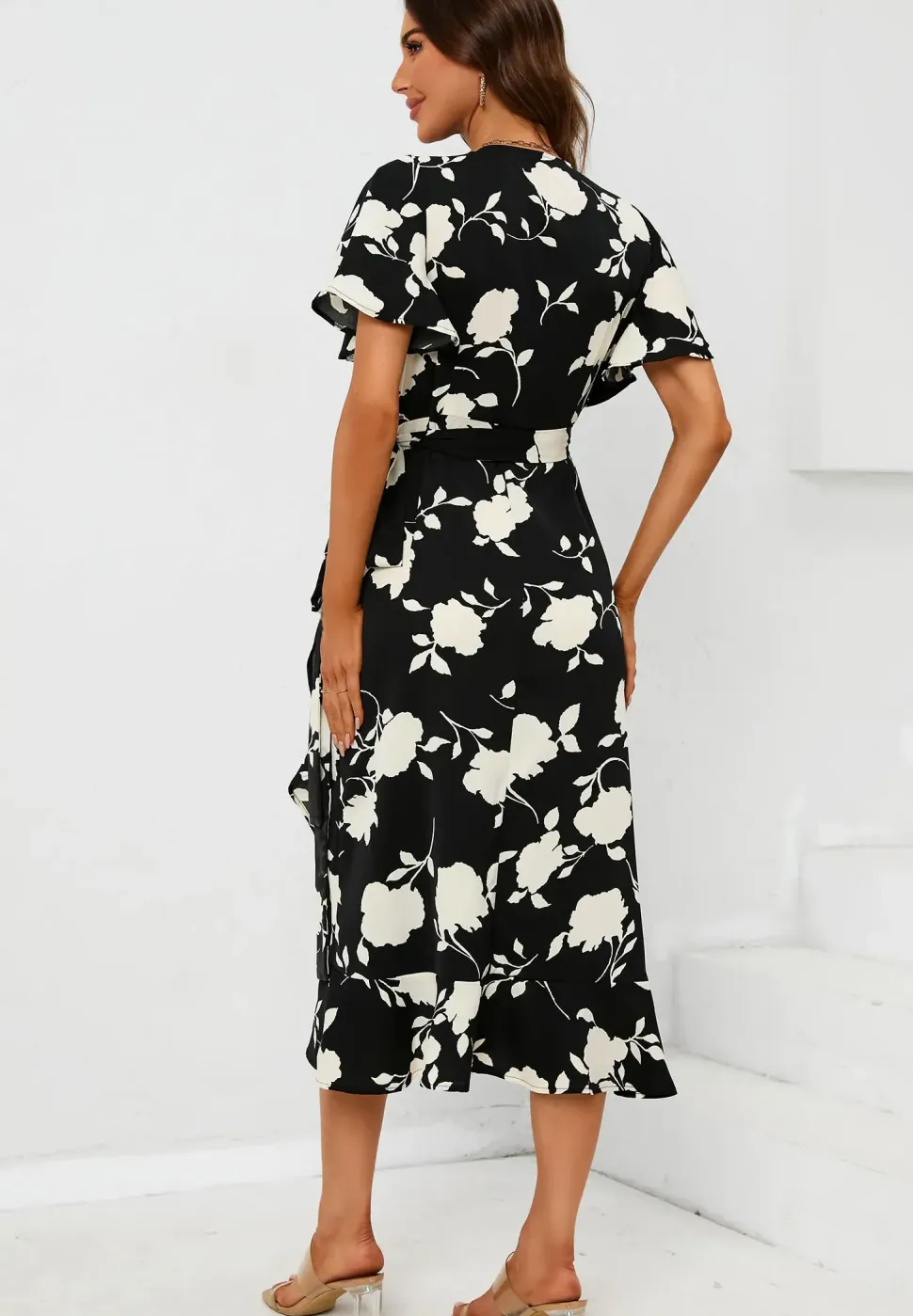 Printed Angel Sleeve Wrap Dress