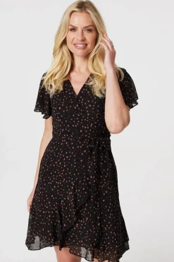 Printed Angel Sleeve Wrap Dress