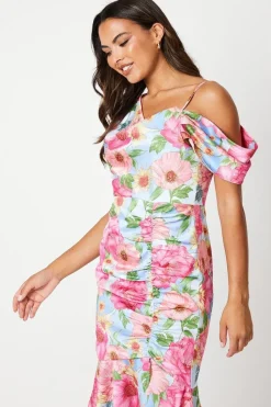 Printed Asymmetric Drape Detail Satin Midi Dress